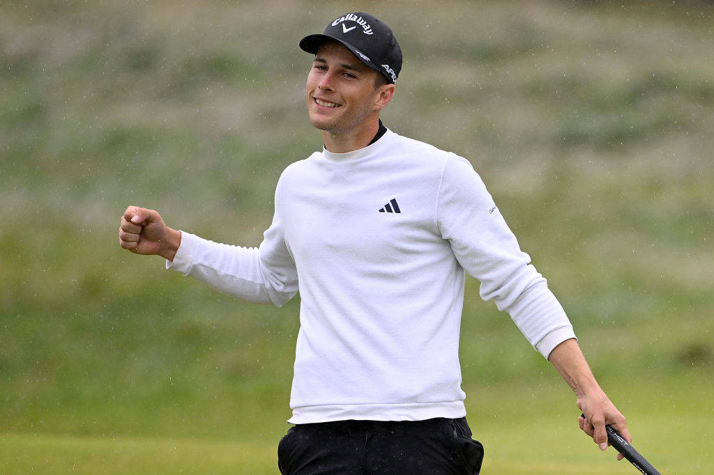 Matthew Jordan celebrates after birdieing the 18th hole at Royal Liverpool during The 151st Open